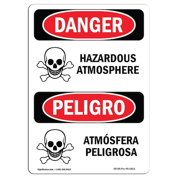 Safety Sign, OSHA Danger, 5" Height, Hazardous Atmosphere Bilingual Spanish, 10PK